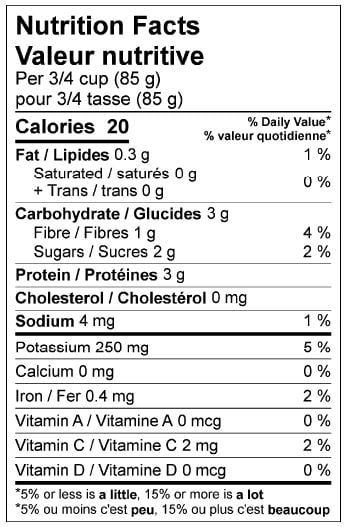 Nutritonal sheet for product