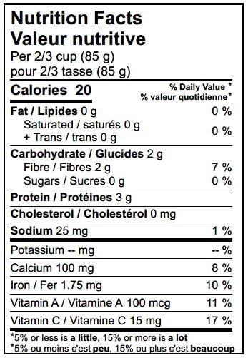 Nutritonal sheet for product