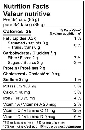 Nutritonal sheet for product