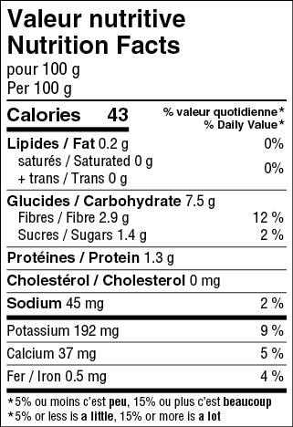 Nutritonal sheet for product