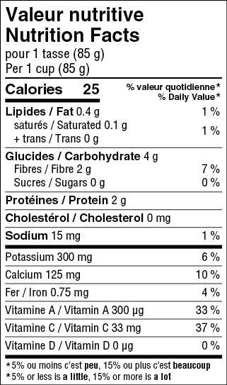 Nutritonal sheet for product