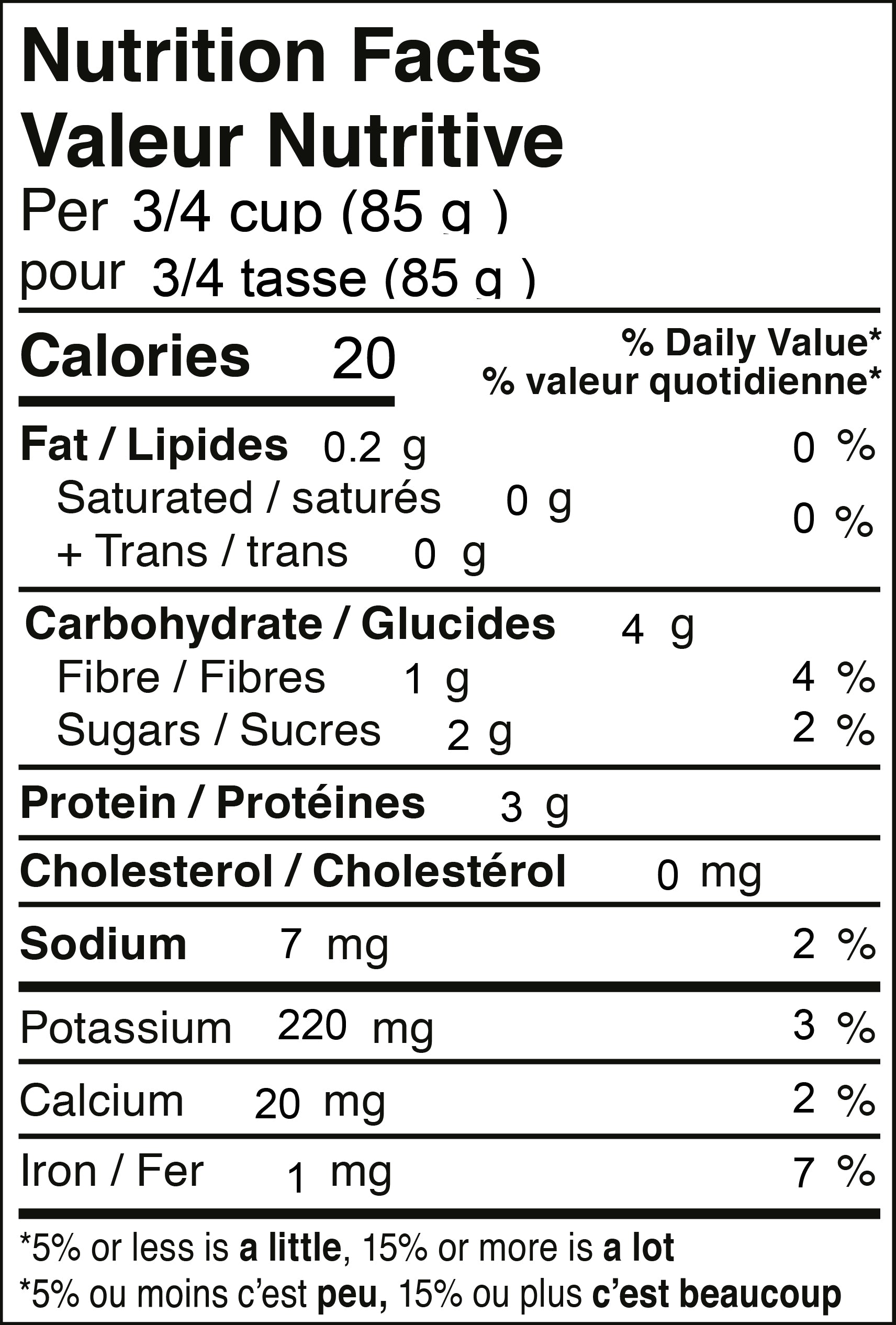 Nutritonal sheet for product