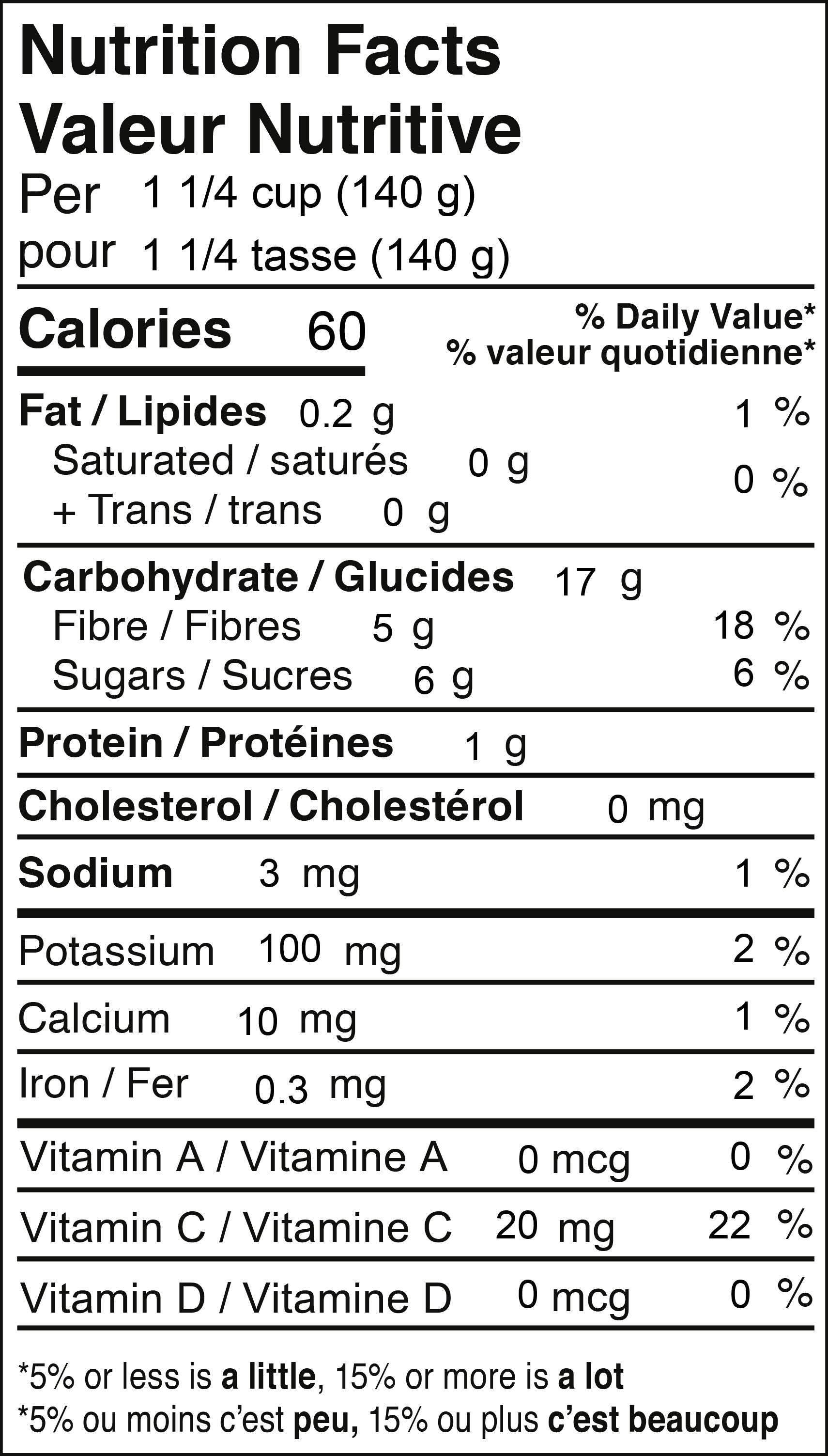 Nutritonal sheet for product