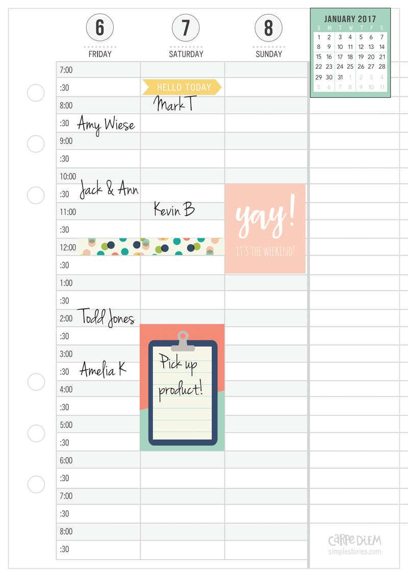 A5 Planner Weekly Vertical Schedule Inserts - Carpe Diem Planners