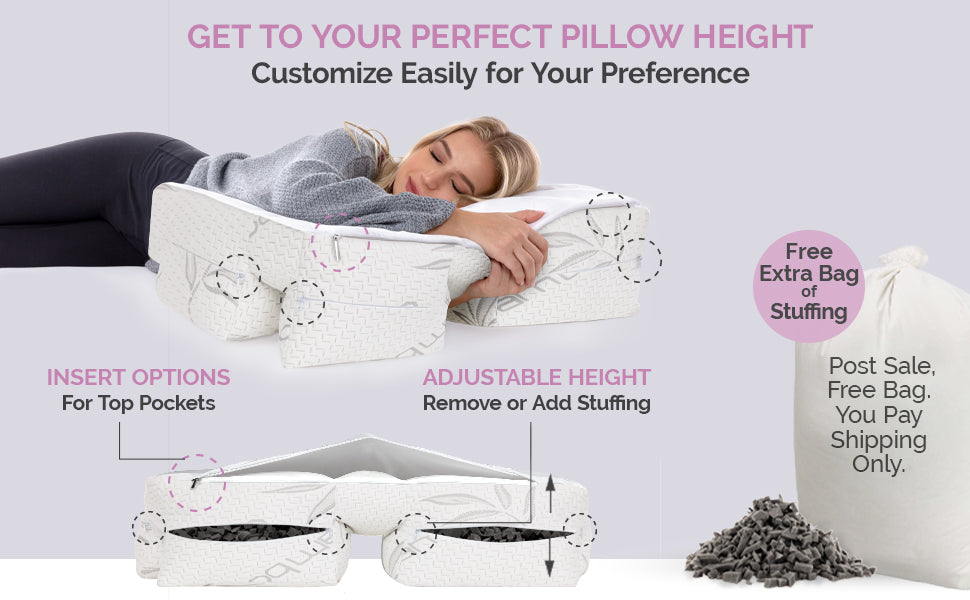 Wife Pillow - Topper, Bamboo Shell/ Charcoal Shredded High-Density Memory Foam Filling. Adjustable for Side Sleepers Zipper Add /Remove Fill