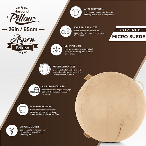 Yoga Ball SET - 26 inch/ 65cm - Aspen Edition - Micro Suede Leather - -  Husband Pillow