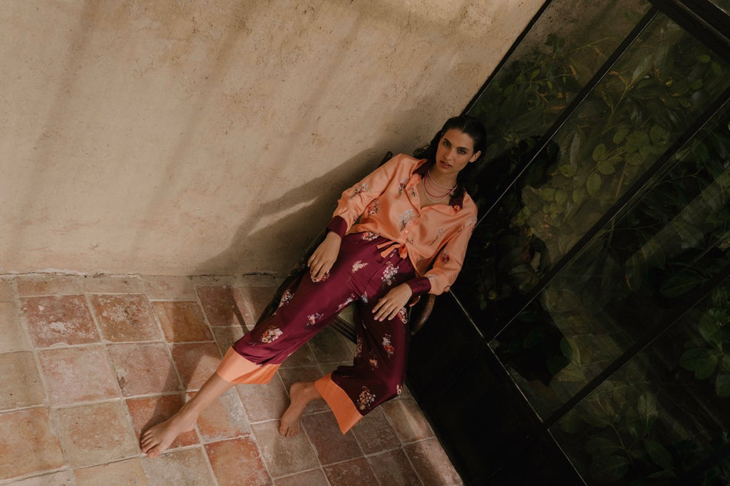 KAYLL SILK TROUERS AND SHIRT MADE IN LONDON PEACH AND BURGUNDY FLORAL PRINT