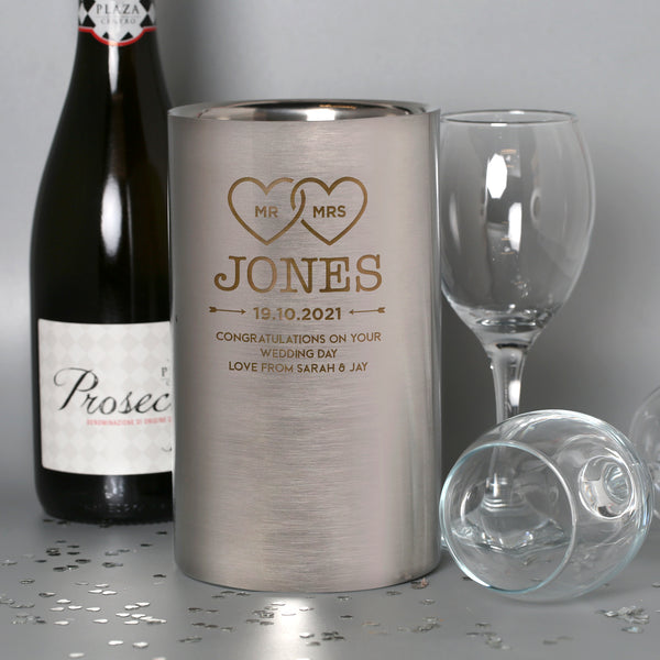 Personalised Linked Hearts Mr & Mrs Stainless Steel Wine Cooler