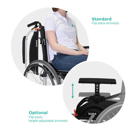 The standard flip-back armrests make moving from side to side easy and quick. The 80º removable footrests ensure a safe transfer into and out of the wheelchair.