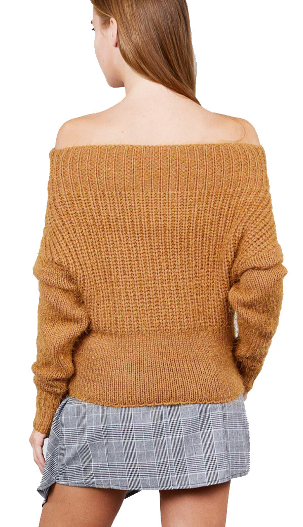 Off Shoulder Chunky Sweater-Camel
