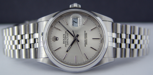 ROLEX 36mm Stainless Steel Datejust Jubilee Band Silver Tapestry Stick Dial Model 16200