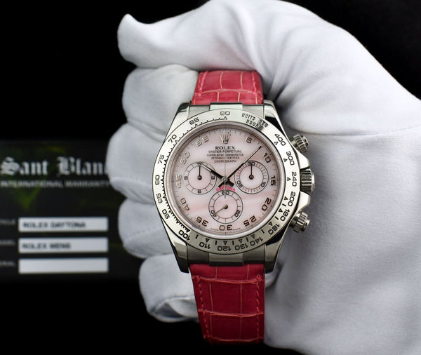 ROLEX 40mm White Gold DAYTONA Rose MOP Arabic Pink Strap 116519 – Sant Blanc