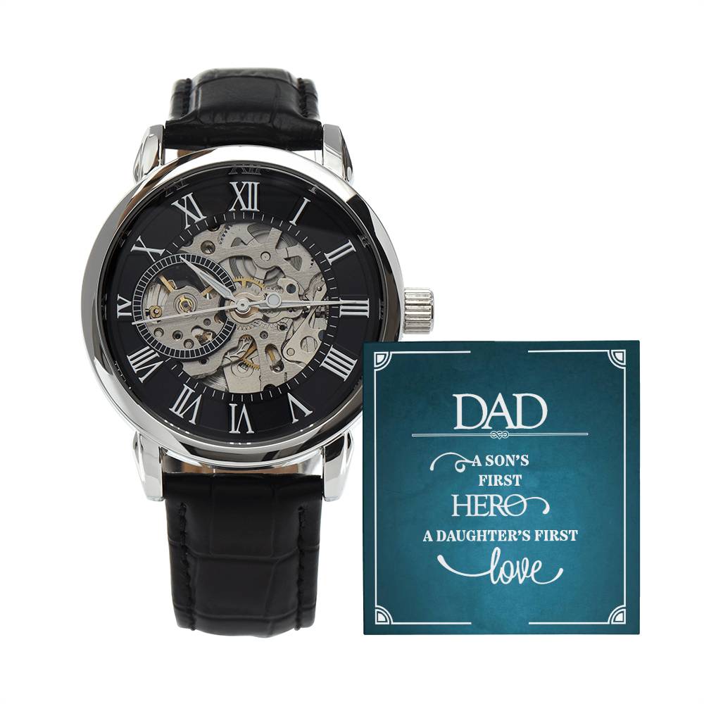 Dad A Son's First Hero A Daughter's First Love Men's Openwork Watch With Mahogany Box