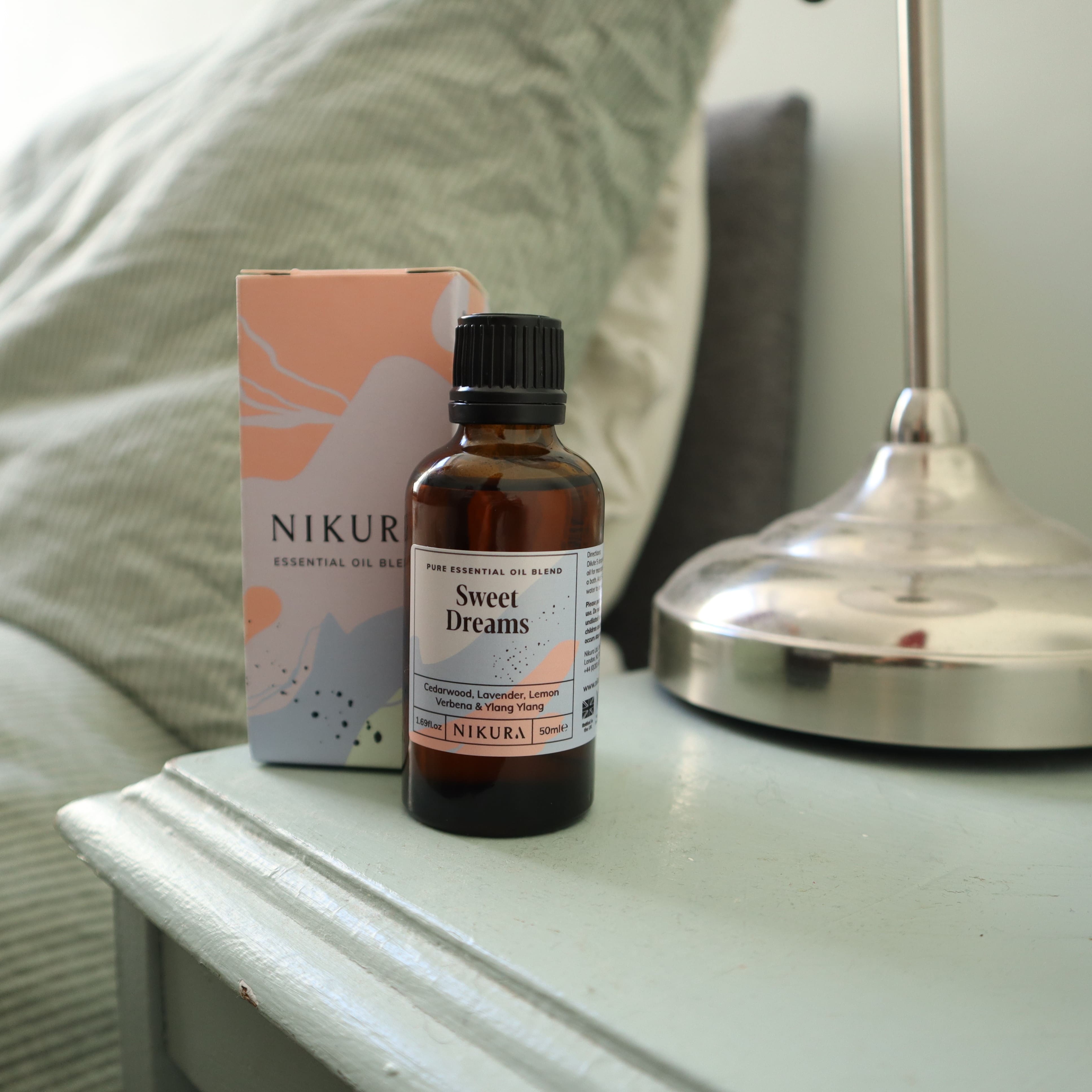 Nikura Sweet Dreams Blend on a bedside table.