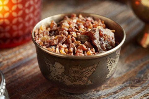 wooden bowl of myrrh resin