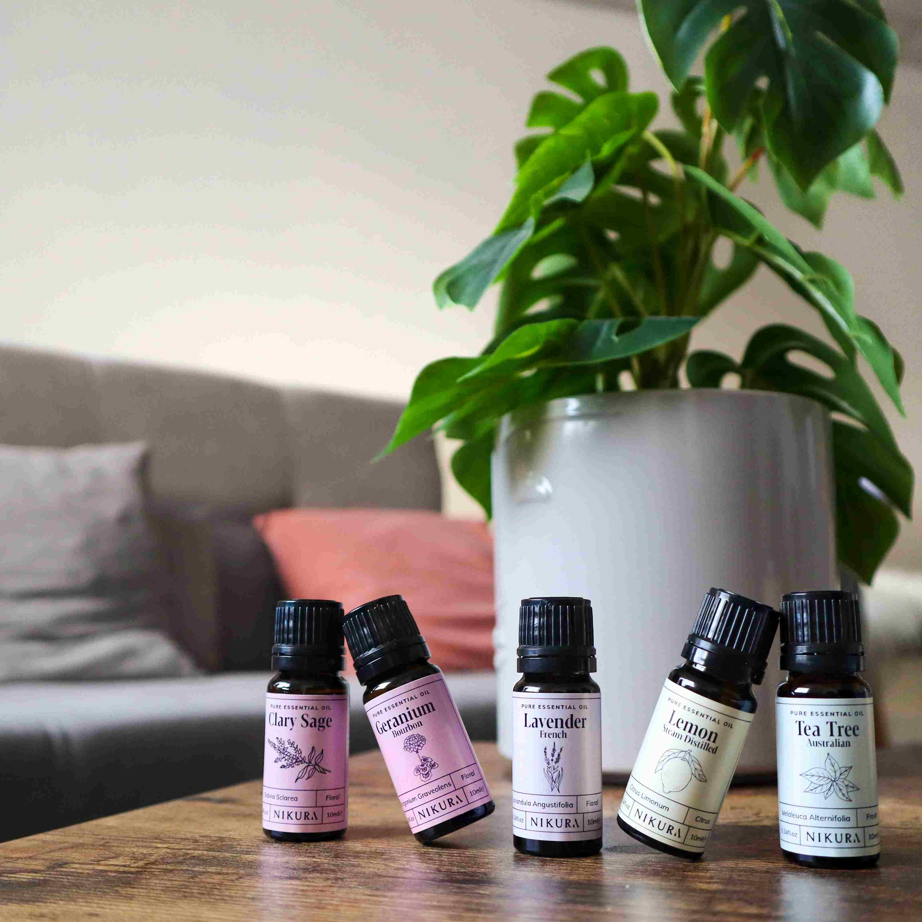 Nikura essential oils on a table.