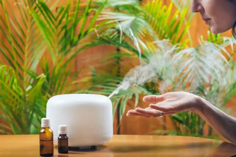 woman smelling diffuser steam with plants in the background