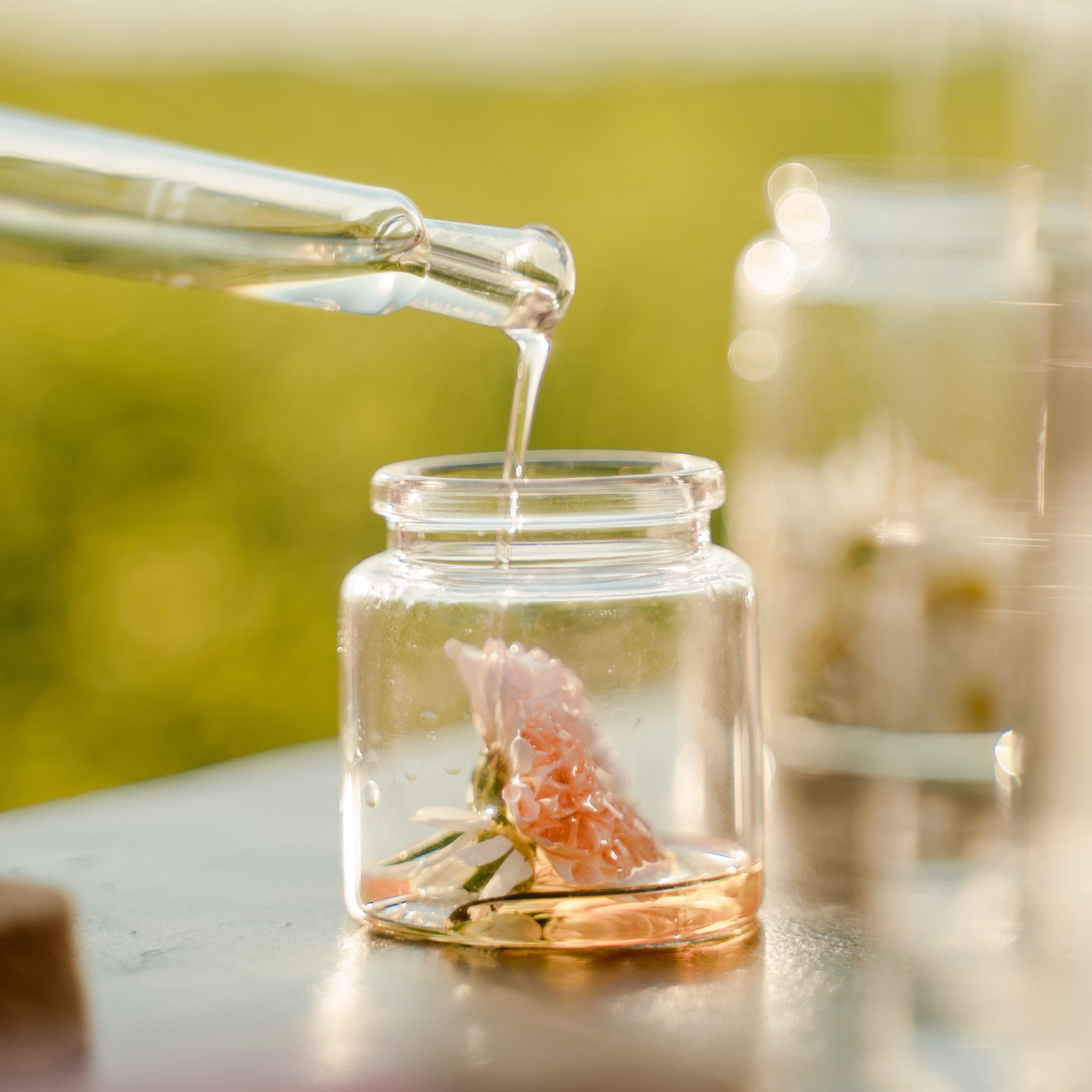 Pipette pouring carrier oil into a jar with a flower.