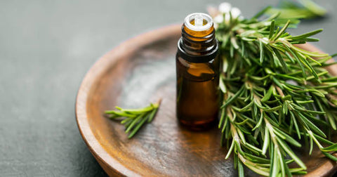 Small bottle of rosemary oil on a wooden plate next to some rosemary sprigs