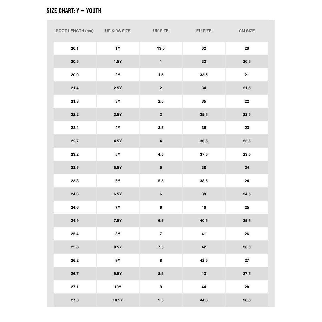 nike jordan 1 size chart