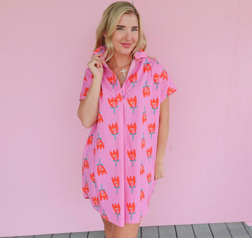 Karlie Poplin Poppy Vneck Shirt Dress