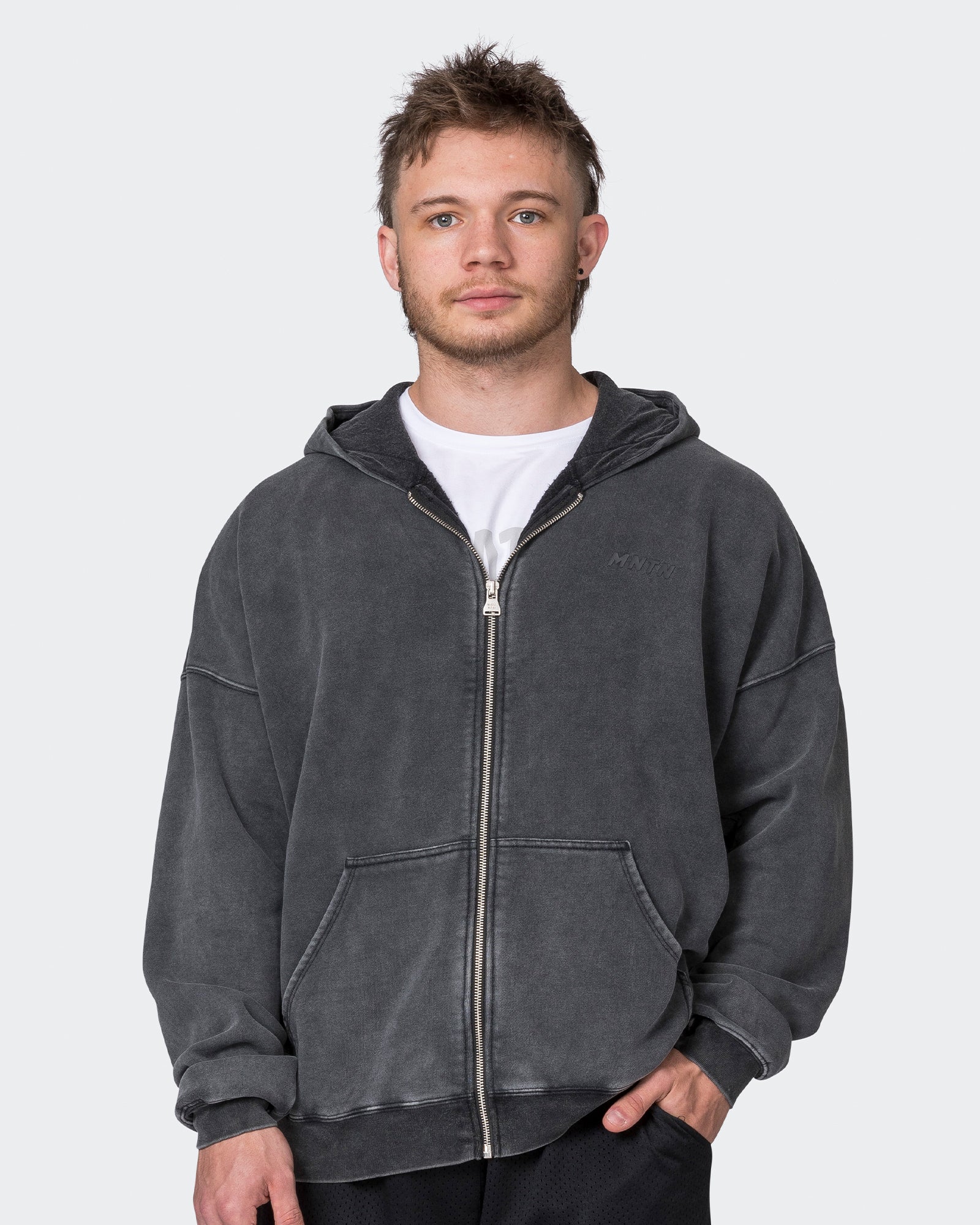 Mens Vintage Oversized Zip Up Hoodie - Washed Black