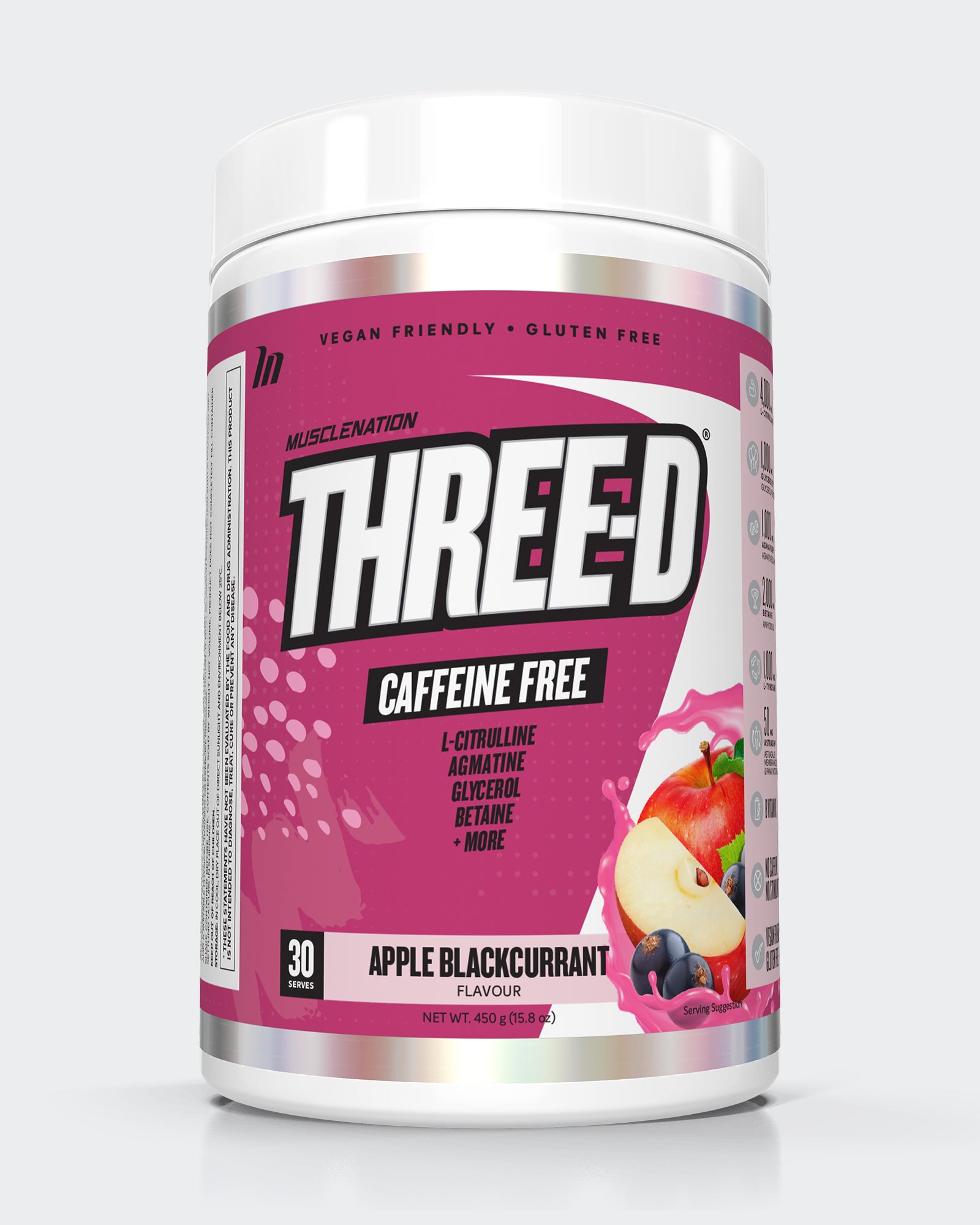 THREE D Pre Workout Pump Caffeine Free - Apple Blackcurrant - 30 serves