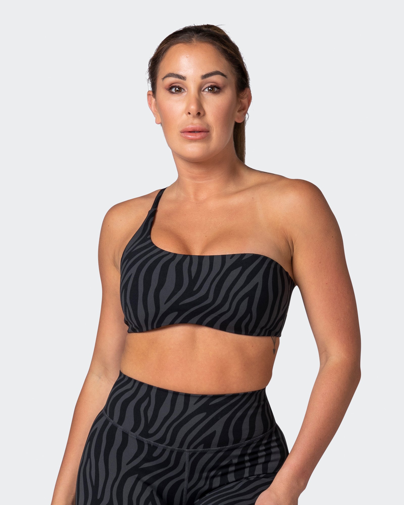 Movement One Shoulder Bralette - Monochrome Zebra Print