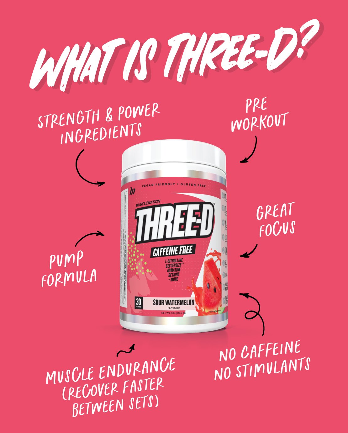 THREE D Pre Workout Pump Caffeine Free - Sour Watermelon - 30 serves