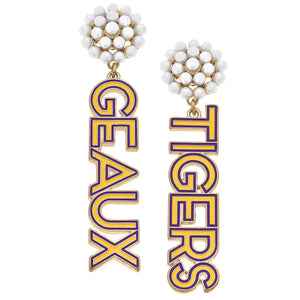LSU Tigers Earrings Pearl Cluster  Outline Enamel Drop in Yellow Geaux Tigers - LSU Alumni Association Gift Shop