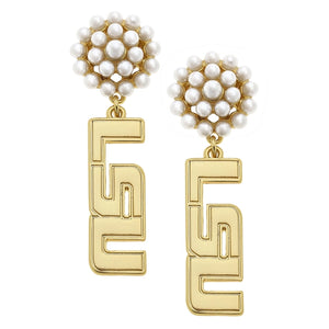 LSU Tigers Earrings Pearl Cluster Drop 24k Gold Plated - LSU Alumni Association Gift Shop