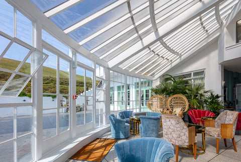 The sloping roof in the conservatory