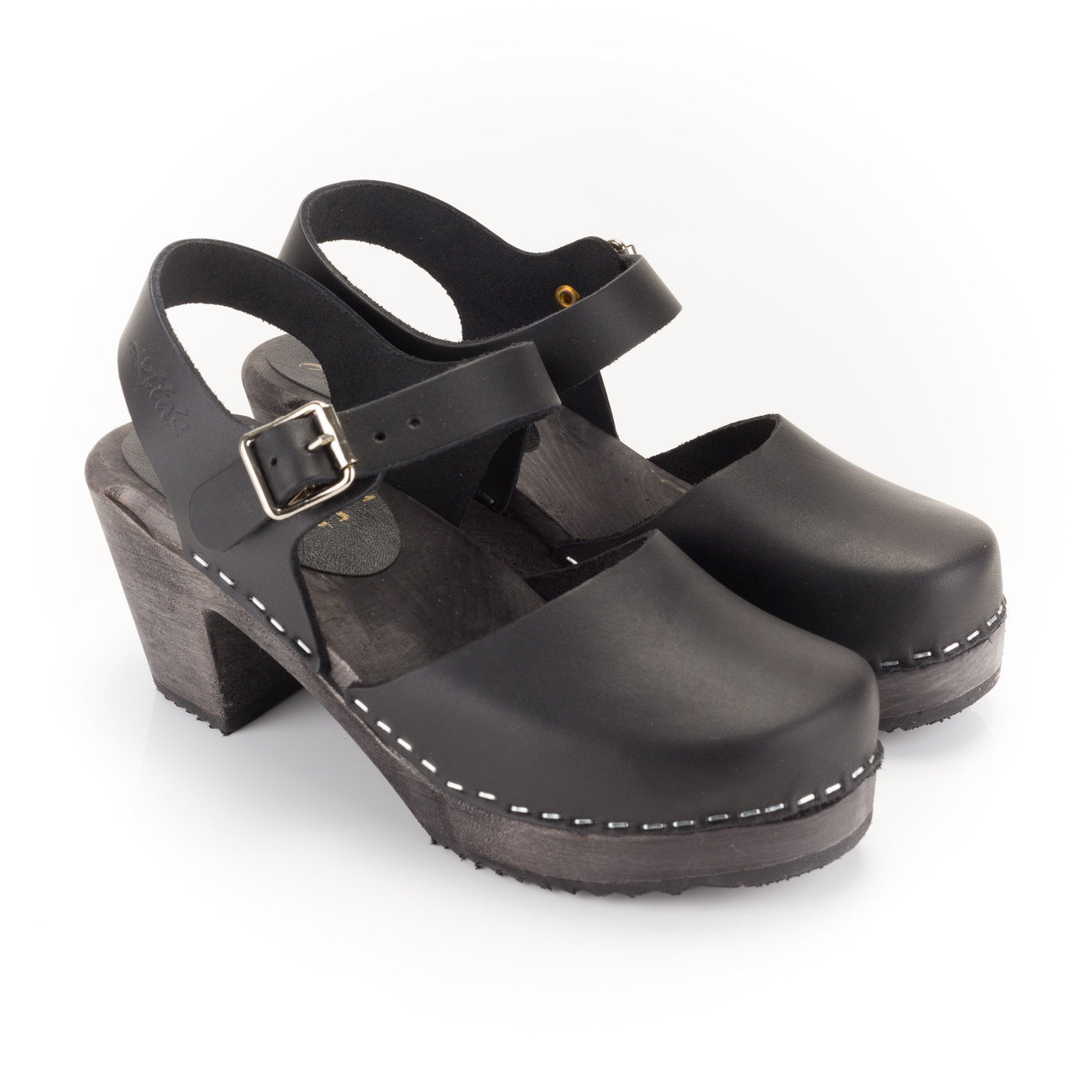 black wooden clogs