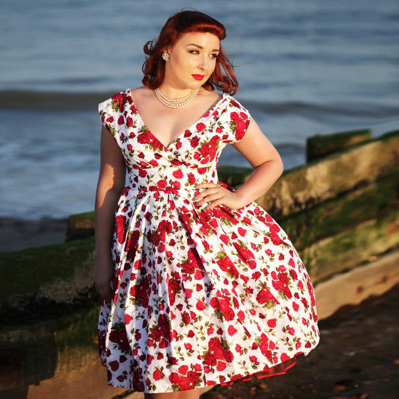 1950's Style Bridesmaids Summer Dress Dollydagger Red Rose Print Scarlet