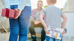 Father's Day Facts Blog Image.  Children with Father's Day Gifts and Cards hidden behind their backs to surprise dad!