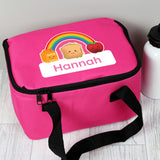 Personalised Pink School Lunch Bag with image of healthy food and rainbow