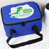 Personalised Blue School Lunch Bag with handles and cute dinosaur image and "Be Roarsome" quote