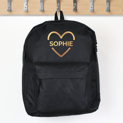 Personalised Black Backpack with gold heart detail and lettering for Back to School