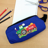 Personalised Blue fabric pencil case with tractor image for Back to School