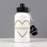 Personalised white water bottle for back to school with gold love heart and lettering and black lid