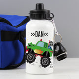 Personalised White Drinks Bottle in white with black lid and monster truck design for boys going back to school