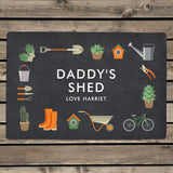 Personalised Garden Shed Sign, featuring images of garden tools and plants. Father's Day Gifts for garden lovers.