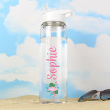 Personalised Clear Island Style Water Bottle with Pink font and cute Flamingo Design