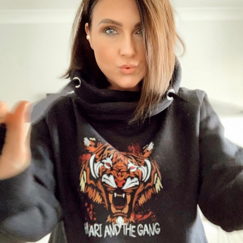 black hoodie with tiger