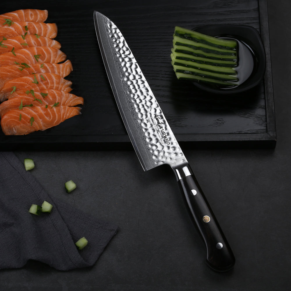Gyuto Chef Knife will outperform any other knives in your kitchen! Extremely satisfying to hear that slice and dice as your knife glides effortlessly through food.