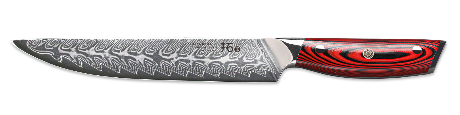 The Damascus Carving Knife With a long, narrow shape and razor sharp edge, this knife can slice through meats in a single, smooth motion. The high-carbon stainless steel blade makes smaller and thinner slices easier and more uniform.