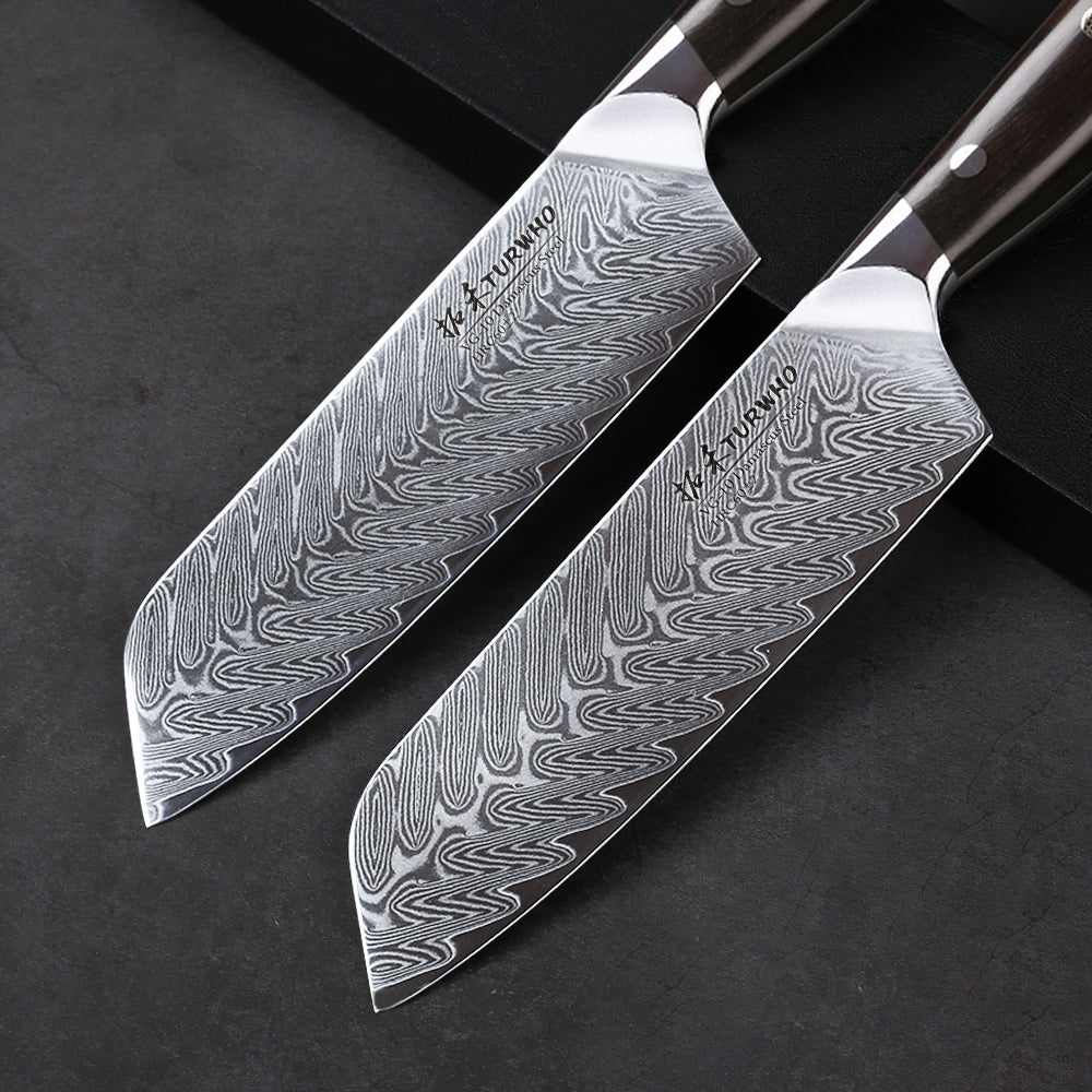 The forged bolster ensures a secure and protective grip. The Santoku is originally a Japanese blade form for a Utility Knife. Translated, this name means "The Three Virtues", being equally suitable for meat, fish and vegetables. Thanks to the wide blade, the Santoku is particularly easy to handle. The beautifully patterned and perfectly proportioned walnut handles round out the cohesive and appealing look. A superb knife for a lifetime of culinary art, with a Lifetime Guarantee on materials and workmanship. 