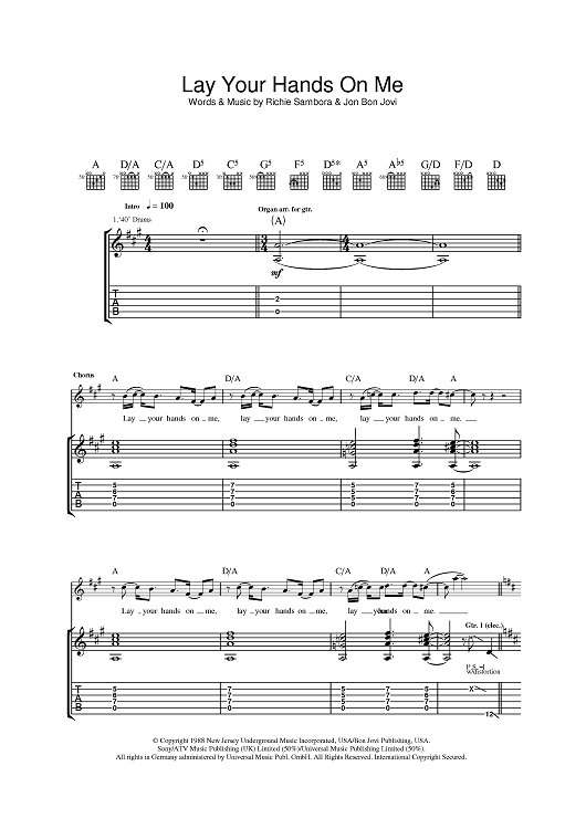Lay Your Hands On Me Sheet Music By Bon Jovi For Guitar Tab Sheet Music Now
