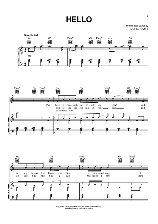 Hello Sheet Music By Lionel Richie For Pianovocalchords Sheet 