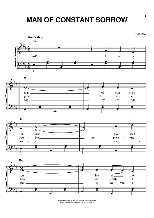 Man Of Constant Sorrow Sheet Music For Easy Piano Sheet Music Now